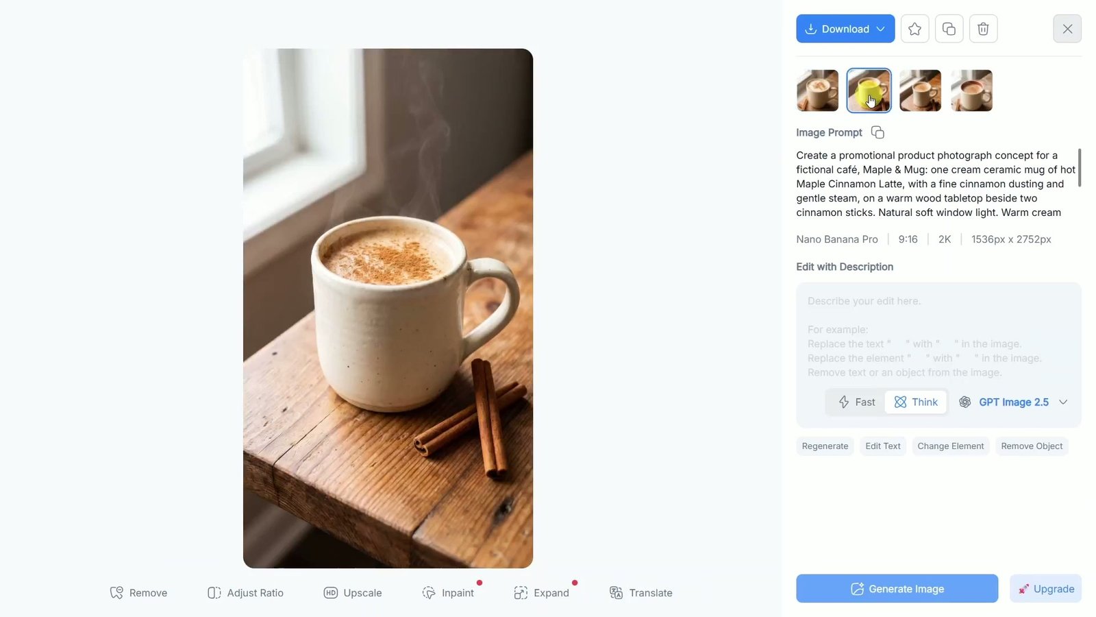 A generated portrait image of a steaming maple cinnamon latte in a cream mug appears in NoteGPT beside its campaign prompt and Nano Banana Pro settings.