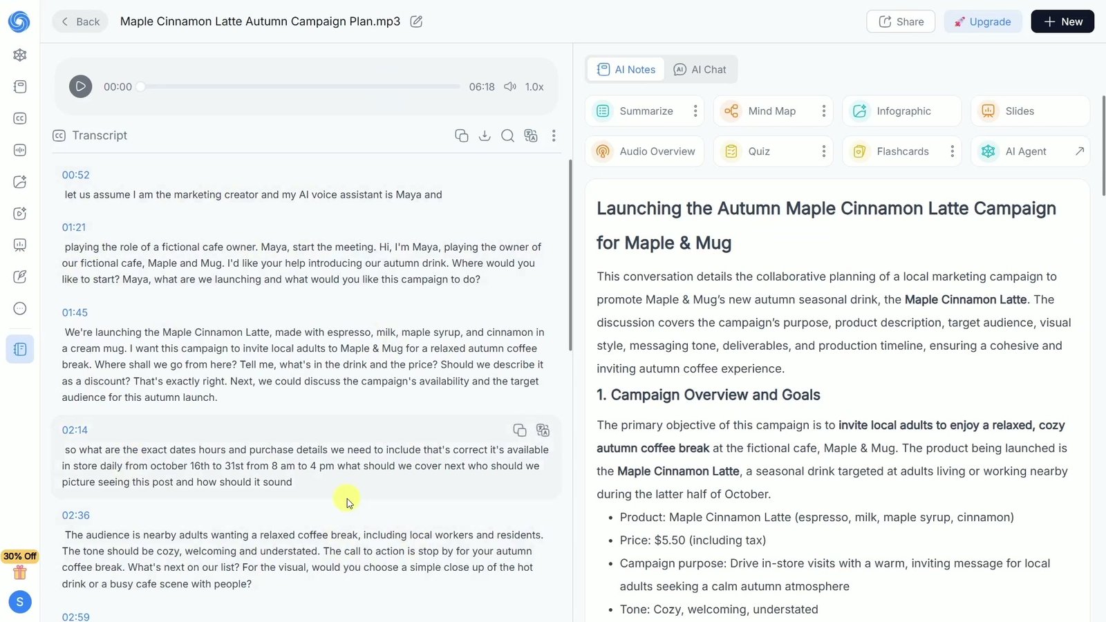 NoteGPT displays the Maple Cinnamon Latte campaign transcript beside structured AI notes for the fictional Maple and Mug café.