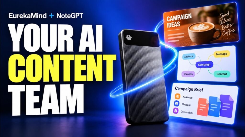 EurekaMind and NoteGPT tutorial thumbnail reading Your AI Content Team, with recorder, café campaign, mind map, and campaign brief graphics.