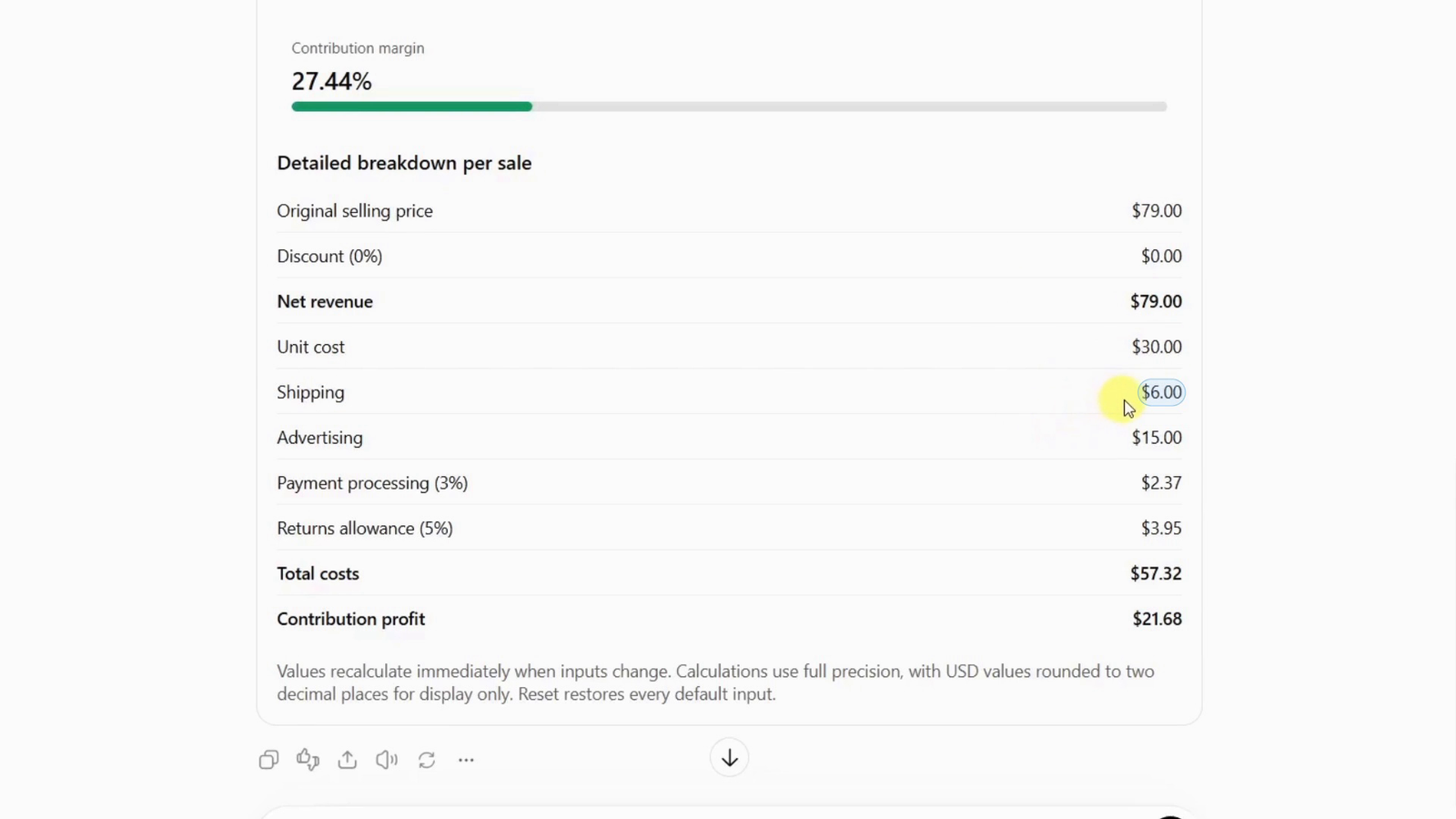 Actual cost breakdown in the AI Stack calculator at full price, showing total costs of $57.32.