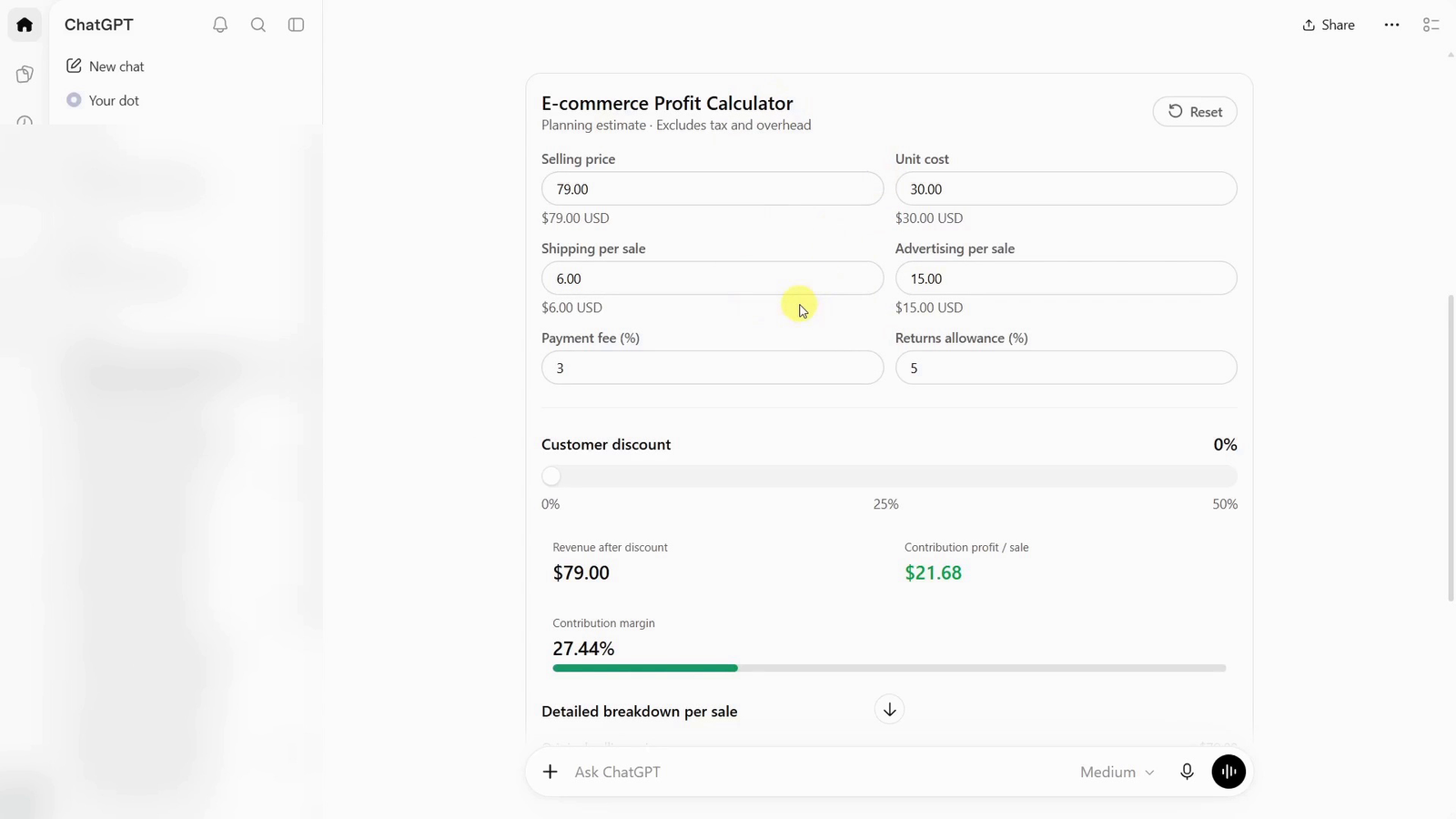 Actual ChatGPT calculator in the AI Stack video at 0% discount, showing $21.68 contribution profit and 27.44% margin.