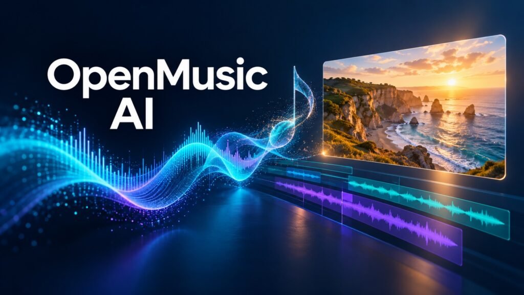 OpenMusic AI cover illustration with blue audio waves, a music note and a sunset travel video above an audio timeline