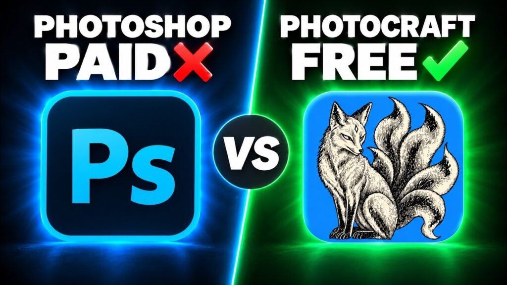 YouTube thumbnail for Free Photoshop Alternative? PhotoCraft + Codex Tested, comparing Photoshop and PhotoCraft.